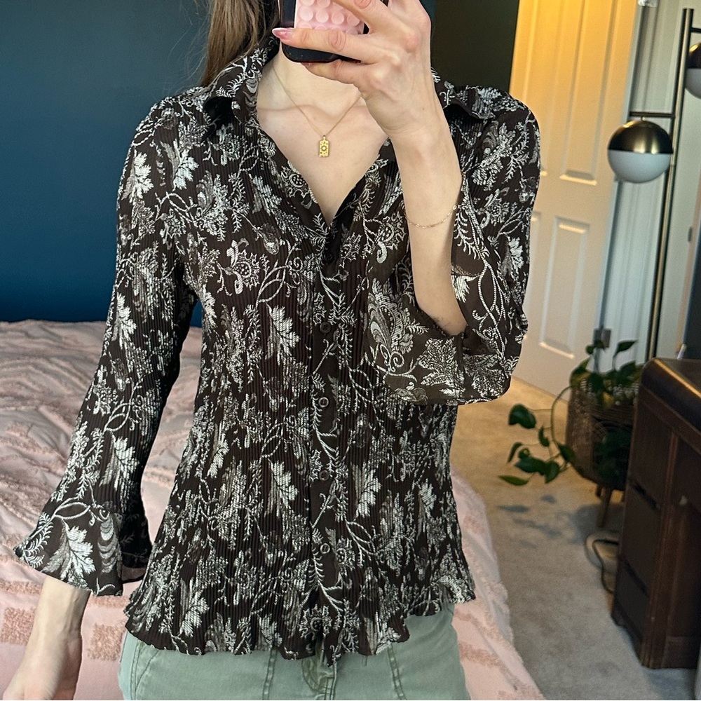 Vintage accordion pleat Floral Brown and cream top